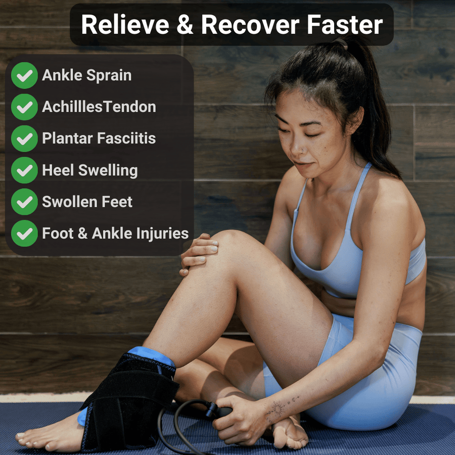A woman in athletic wear uses the Frost Fit Compression Ankle by Icebound Essentials on a mat. On-screen text highlights benefits: helps with ankle sprain, Achilles tendon, plantar fasciitis, heel swelling, swollen feet, and foot & ankle injuries.