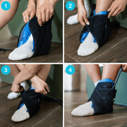 A person shows in four steps how to put on the Icebound Essentials Frost Fit Compression Ankle over a white sock, using velcro straps to secure it while sitting on a wooden floor—perfect for ankle recovery support.