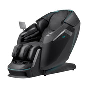 The Osaki Ai series Apex Duo 5D+4D massage chair features a sleek black design with cushioning, silver and teal accents, foot and arm rests, an adjustable touchscreen on the left armrest, and offers a full body air massage with advanced comfort.