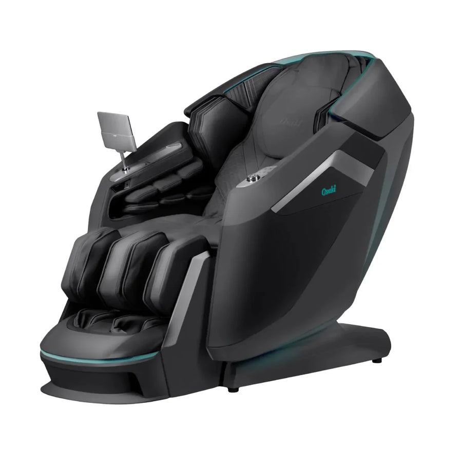 The Osaki Ai series Apex Duo 5D+4D massage chair features a sleek black design with cushioning, silver and teal accents, foot and arm rests, an adjustable touchscreen on the left armrest, and offers a full body air massage with advanced comfort.