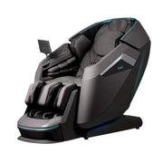 The Osaki Ai Series Apex Duo 5D+4D massage chair features a sleek black design, padded cushions, adjustable footrest, arm supports, side control panel, screen holder on the armrest, and a full-body air massage system for ultimate comfort.