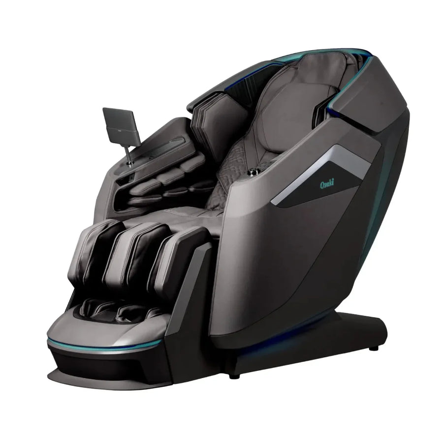 The Osaki Ai Series Apex Duo 5D+4D massage chair features a sleek black design, padded cushions, adjustable footrest, arm supports, side control panel, screen holder on the armrest, and a full-body air massage system for ultimate comfort.
