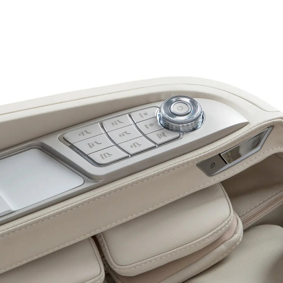 Close-up of the Osaki AI series Apex Duo 5D+4D luxury massage chair panel by Osaki, with metallic buttons, a round control knob, and padded armrest in a sleek AI-inspired design.