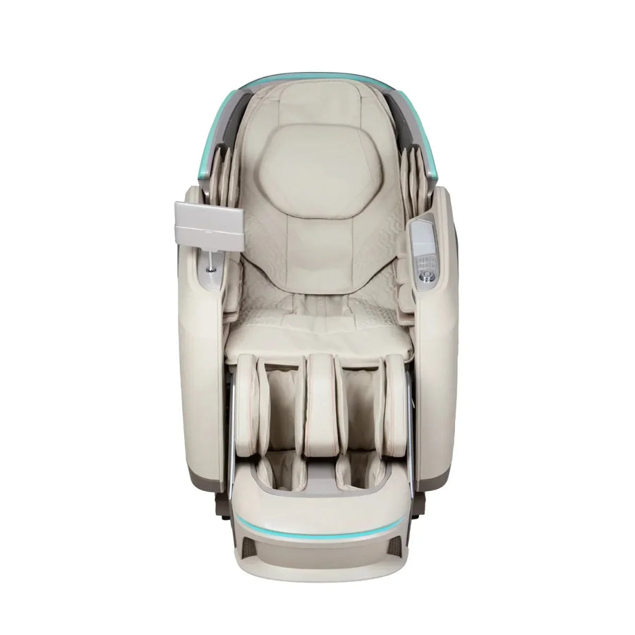 The Osaki Ai series Apex Duo 5D+4D massage chair features arm, leg, and foot compartments, headrest, and control panel for full body air massage relaxation. Shown in modern beige, photographed against a white background.