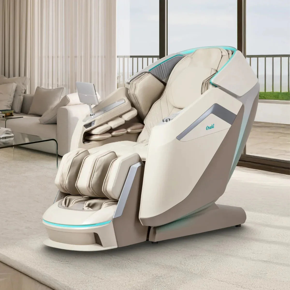 The Osaki Ai series Apex Duo 5D+4D massage chair in cream and beige features a 5D+4D massage system, padded arm, leg, and foot rests, plus an attached control panel. It sits in a bright living room with large windows and patio views.