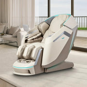 The Osaki Ai series Apex Duo 5D+4D massage chair in cream and beige features a 5D+4D massage system, padded arm, leg, and foot rests, plus an attached control panel. It sits in a bright living room with large windows and patio views.
