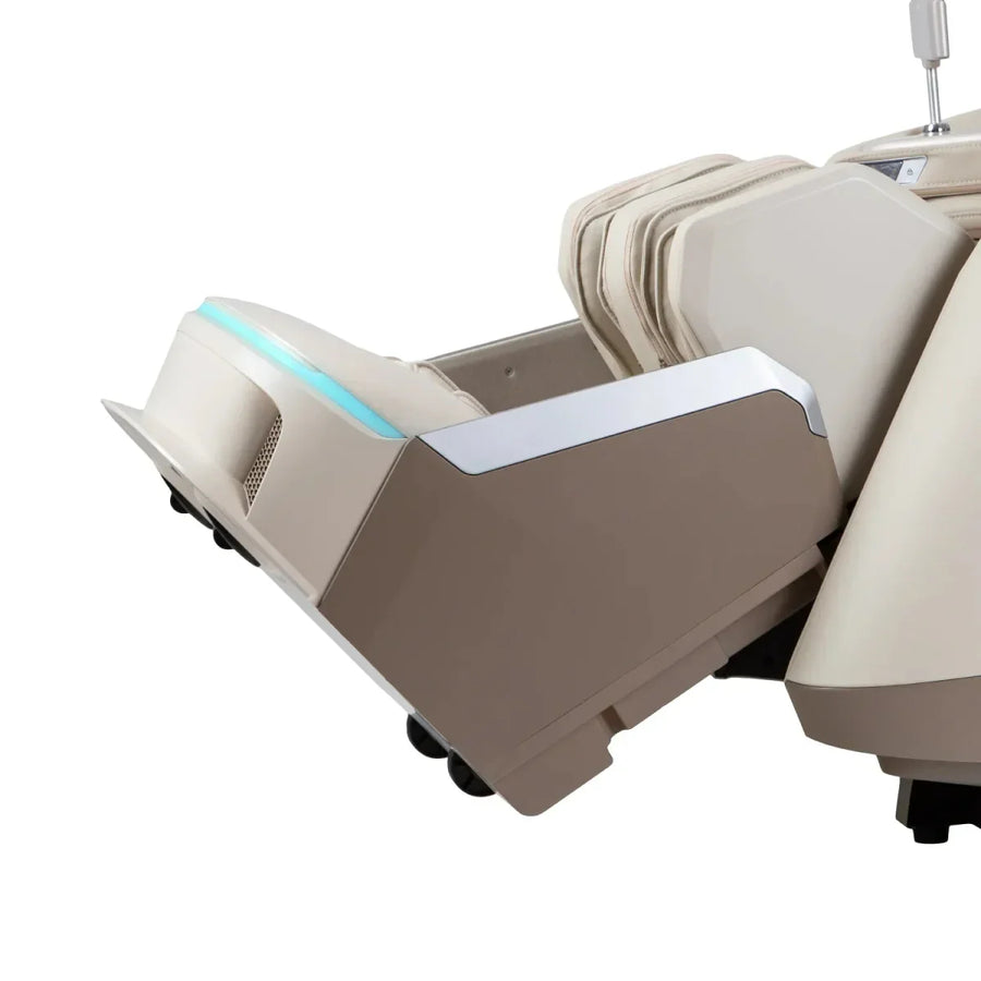 A close-up shows the Osaki Ai series Apex Duo 5D+4D massage chair’s beige leg and footrest with sleek metallic and light blue accents, highlighting its advanced 5D+4D system, isolated on a white background.