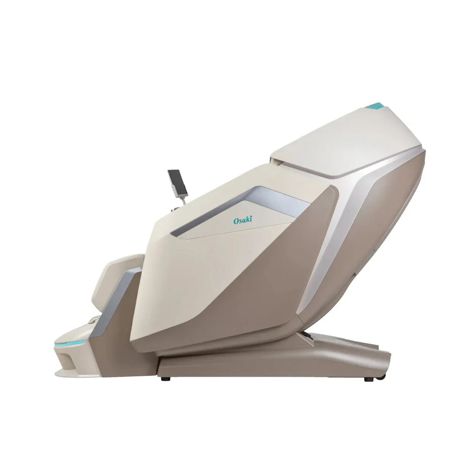 The Osaki Ai series Apex Duo 5D+4D massage chair, in beige and white, features a modern, futuristic design with full body air massage and is shown reclined against a plain white background.