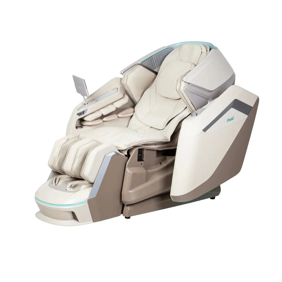 The Osaki Ai series Apex Duo 5D+4D massage chair by Osaki is displayed against a white background, featuring a 5D+4D system and full body air massage for complete relaxation.