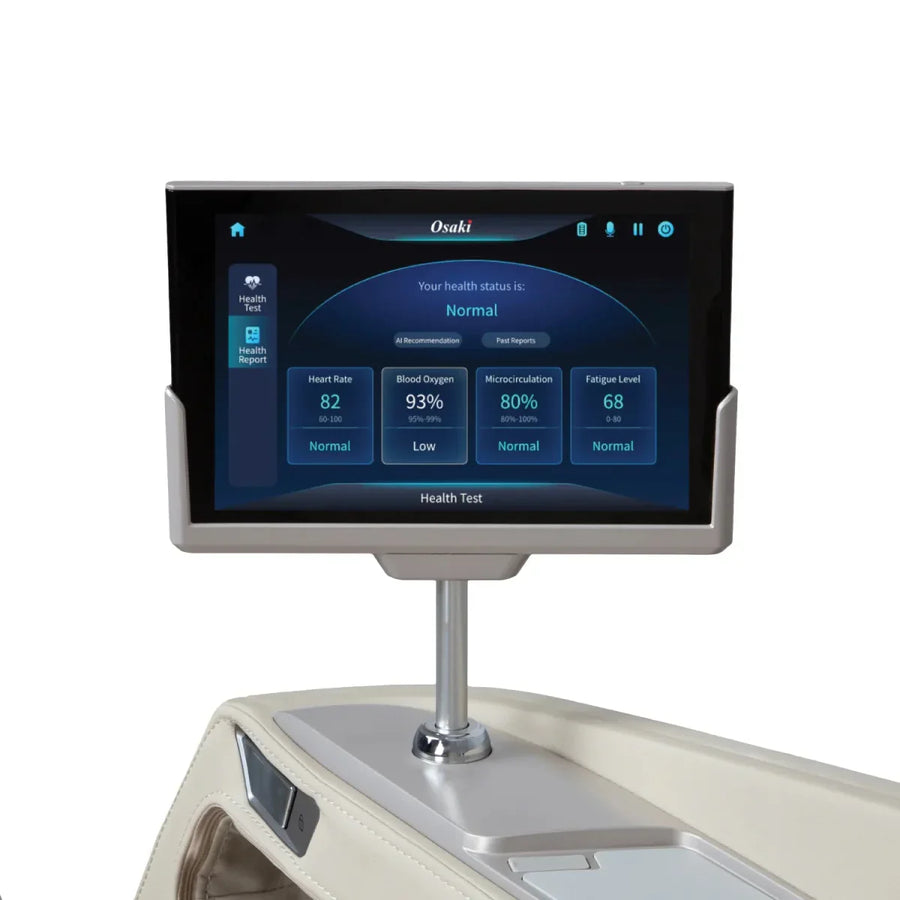 The Osaki Ai series Apex Duo 5D+4D features a touchscreen displaying heart rate, blood oxygen, microcirculation, and fatigue level—each within normal ranges—conveniently built into this advanced AI massage chair.