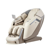 The Osaki Ai series Apex Duo 5D+4D massage chair features beige and cream cushioned seating, multiple padded sections, footrests, and an adjustable control panel for full-body relaxation with advanced 5D+4D massage technology.
