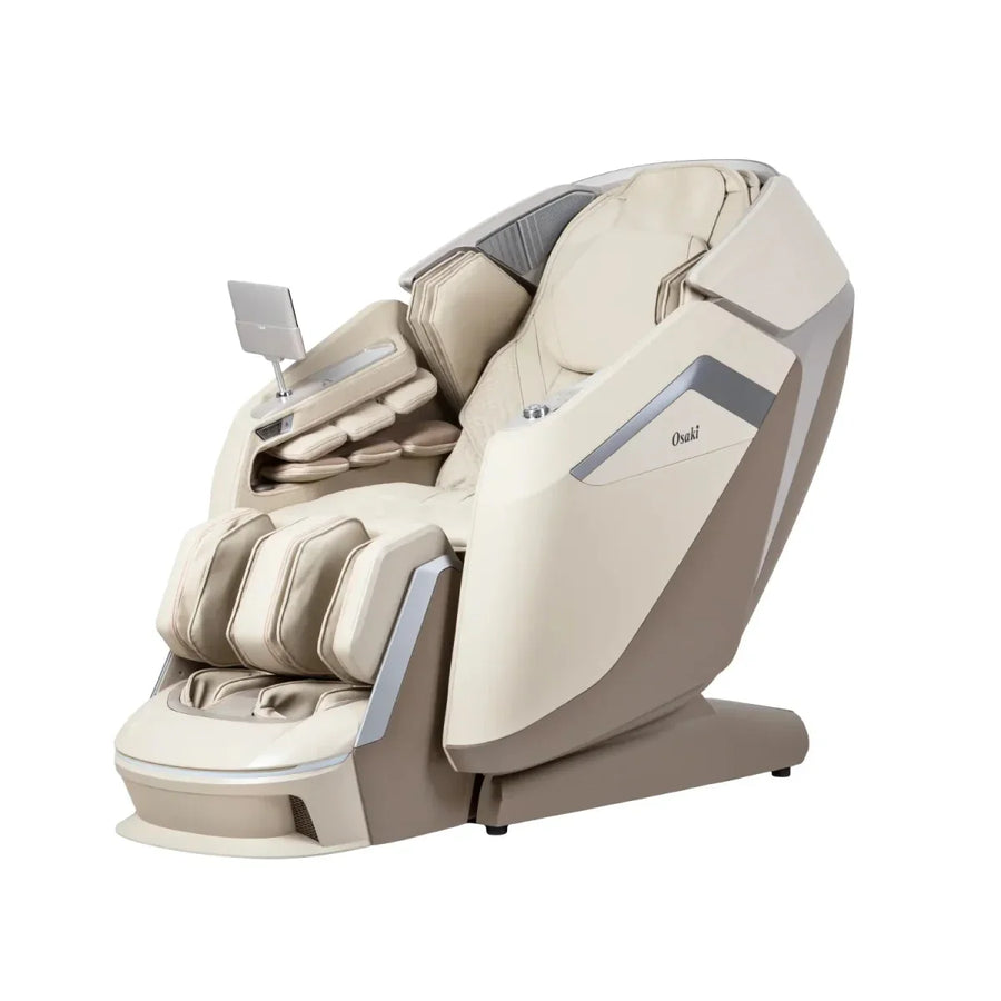 The Osaki Ai series Apex Duo 5D+4D massage chair features beige and cream cushioned seating, multiple padded sections, footrests, and an adjustable control panel for full-body relaxation with advanced 5D+4D massage technology.
