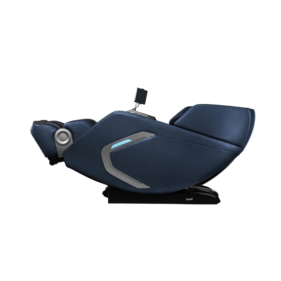 The Osaki 4D+3D Bravo Duo Flex massage chair features a modern dark blue design with full recline, padded sections, headrest, built-in control screen on the armrest, and a flexible SL-track for a superior full body massage experience.
