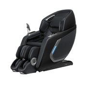 The Osaki 4D+3D Bravo Duo Flex by Osaki is a modern black massage chair with padded seating, armrests, leg and foot rests, a built-in control panel, blue side accent lighting, and an advanced SL-track for enhanced relaxation.