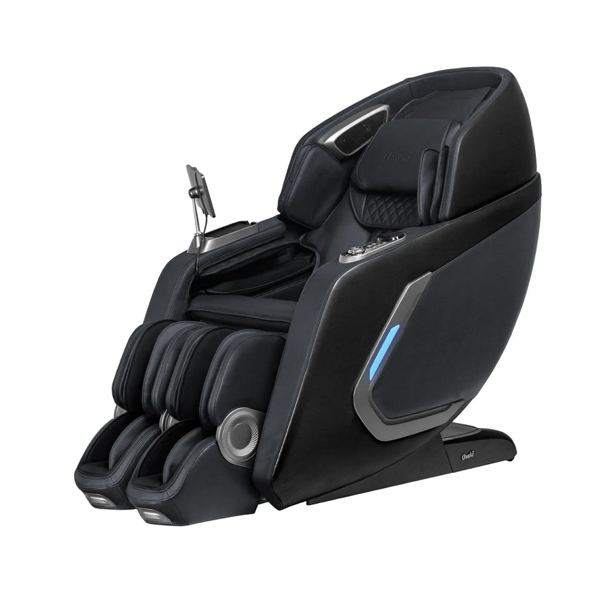 The Osaki 4D+3D Bravo Duo Flex by Osaki is a modern black massage chair with padded seating, armrests, leg and foot rests, a built-in control panel, blue side accent lighting, and an advanced SL-track for enhanced relaxation.