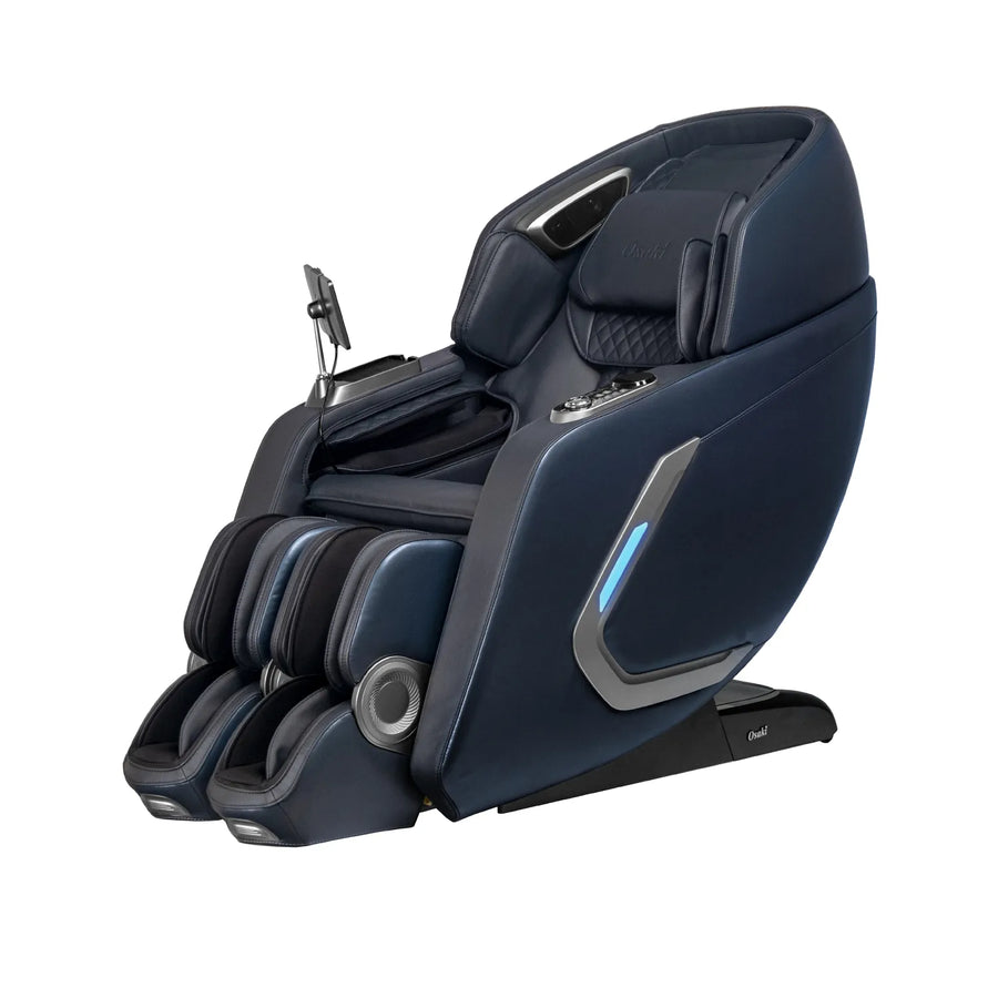 The Osaki 4D+3D Bravo Duo Flex is a modern dark blue and black massage chair with footrests, padded armrests, built-in control panel, SL-track tech, silver accents, an attached smartphone holder, and a sleek futuristic design.