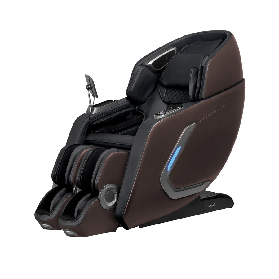 The Osaki 4D+3D Bravo Duo Flex massage chair by Osaki features a dark brown modern design, SL-track, multiple padded sections, footrest, armrests, built-in control panel with display screen, sleek lines, and blue LED accent lighting.