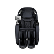 The Osaki 4D+3D Bravo Duo Flex massage chair by Osaki, shown in black with padded armrests, footrests, built-in control panel, advanced SL-track tech, and a tablet holder on one arm, is set against a white background.