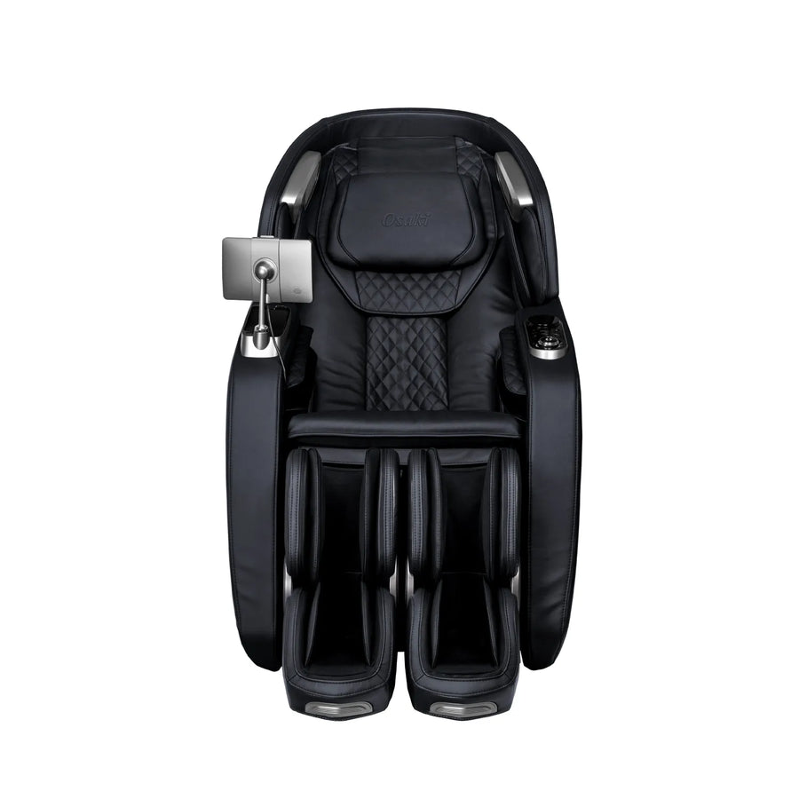 The Osaki 4D+3D Bravo Duo Flex massage chair by Osaki, shown in black with padded armrests, footrests, built-in control panel, advanced SL-track tech, and a tablet holder on one arm, is set against a white background.