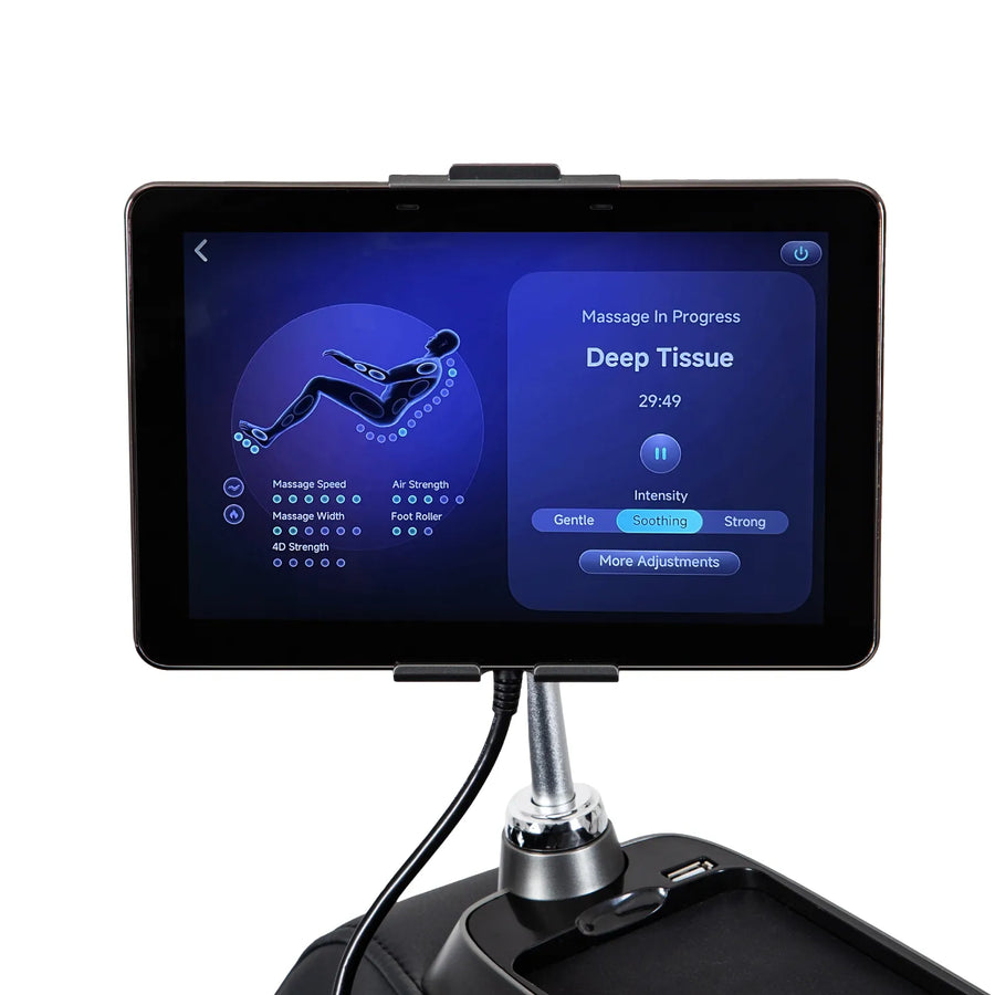 A tablet mounted on a stand displays the Osaki 4D+3D Bravo Duo Flex massage chair controls, showing a Deep Tissue massage with 29:49 left, intensity settings, and a diagram of massage zones.