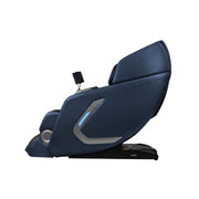The Osaki 4D+3D Bravo Duo Flex massage chair, in dark blue with a sleek design, flexible SL-track, side control panel, and attached screen, is shown reclined against a white background.