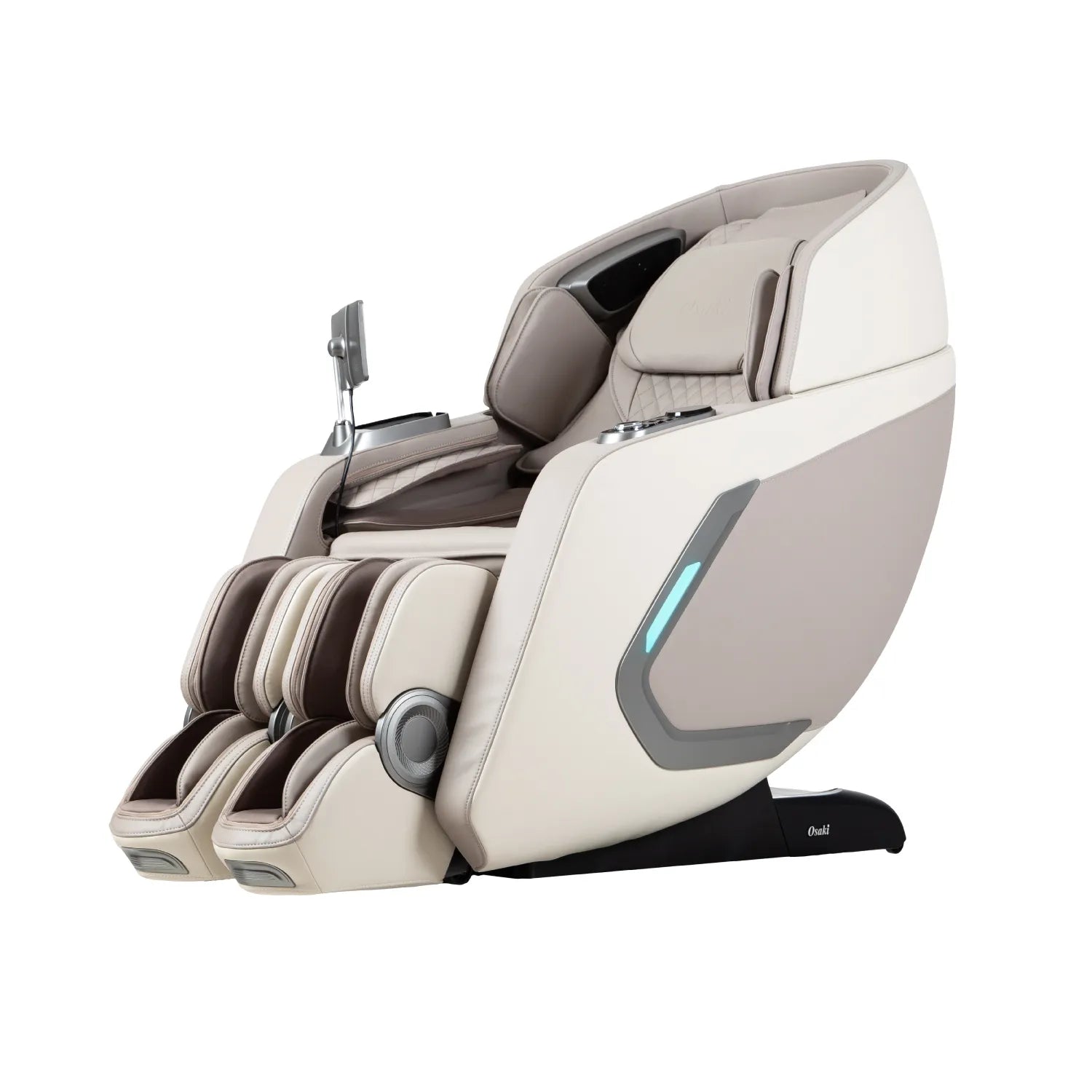 The Osaki 4D+3D Bravo Duo Flex massage chair by Osaki features SL-track tech, foot and leg rests, adjustable headrest, built-in controls, and a modern cream/beige design. Shown angled on a white background.