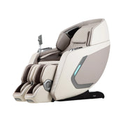 The Osaki 4D+3D Bravo Duo Flex massage chair by Osaki features SL-track tech, foot and leg rests, adjustable headrest, built-in controls, and a modern cream/beige design. Shown angled on a white background.