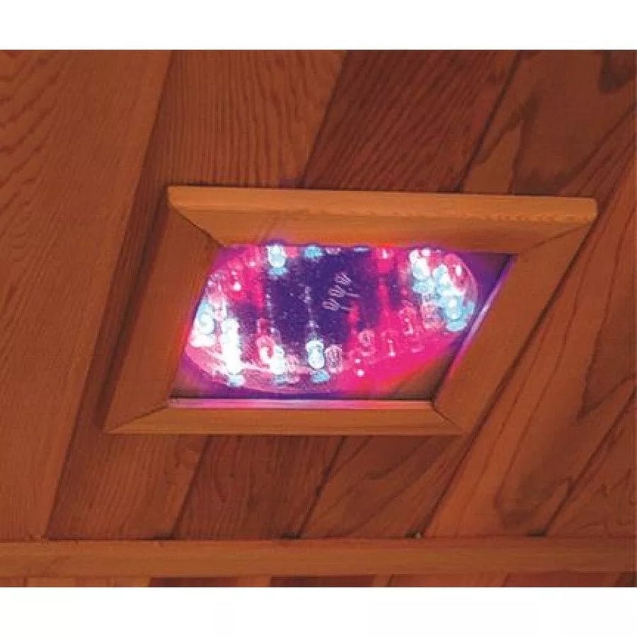 SunRay Bristol Bay 4-Person Indoor Corner Sauna with wooden frame, recessed lighting, and ergonomic backrests, designed for wellness and relaxation.
