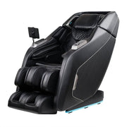The Daiwa Pegasus Hybrid Massage Chair by Daiwa features a modern black design, padded cushions, 3D massage rollers for full-body relaxation, adjustable leg rests, an armrest control panel, and a mounted stand for tablets or phones.