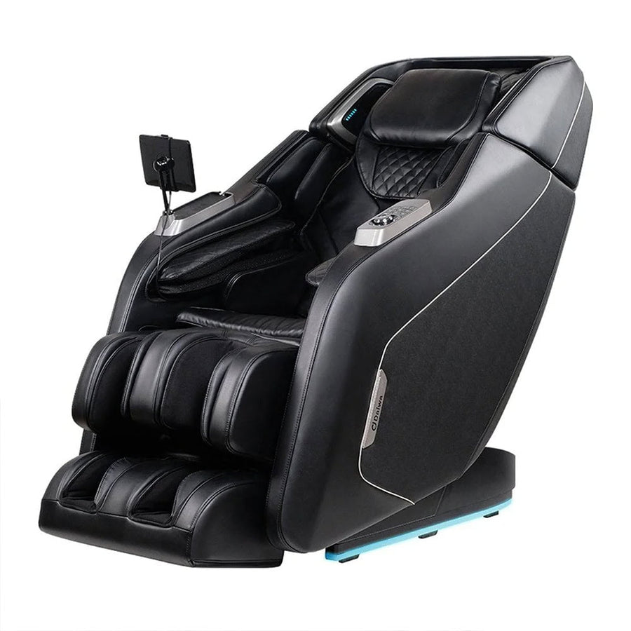 The Daiwa Pegasus Hybrid Massage Chair by Daiwa features a modern black design, padded cushions, 3D massage rollers for full-body relaxation, adjustable leg rests, an armrest control panel, and a mounted stand for tablets or phones.