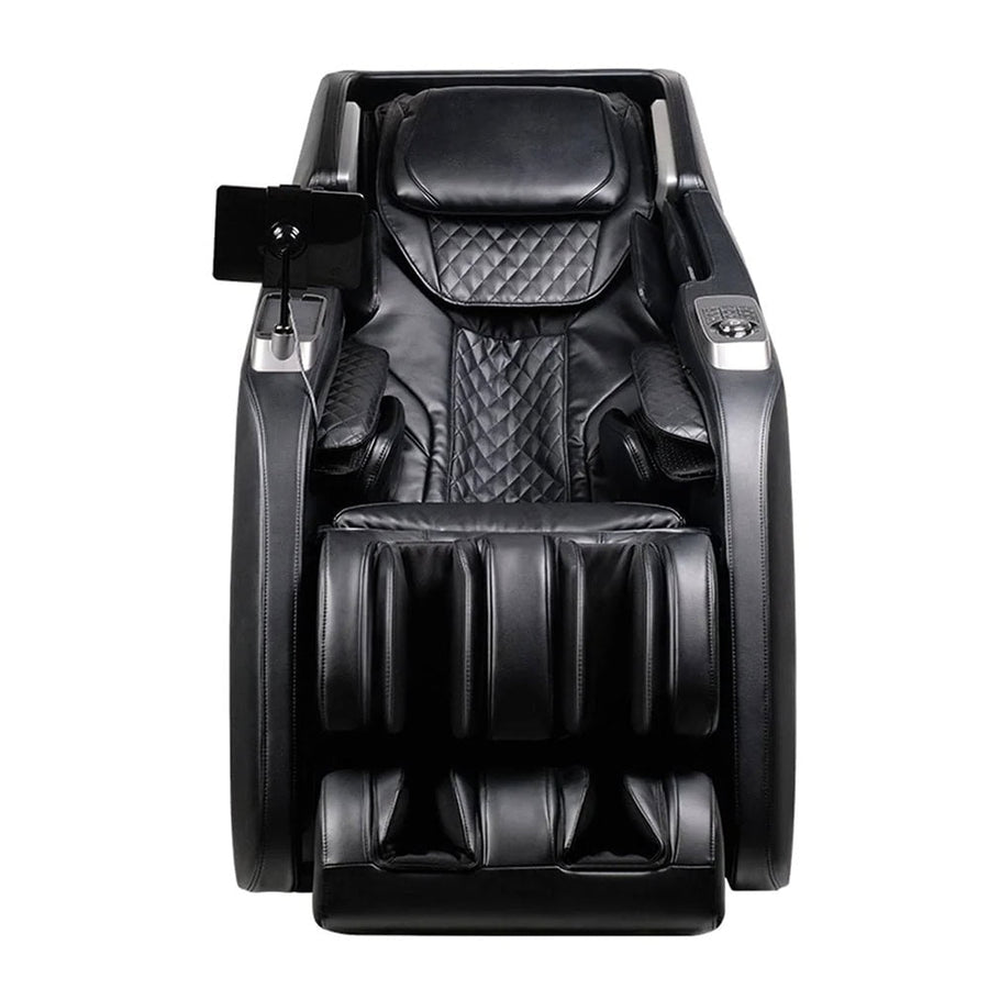 The Daiwa Pegasus Hybrid Massage Chair by Daiwa features a black, modern design with padded armrests, a diamond-patterned backrest, and 3D massage rollers for full-body relaxation. Multiple cushioned leg supports and a device stand add extra comfort.