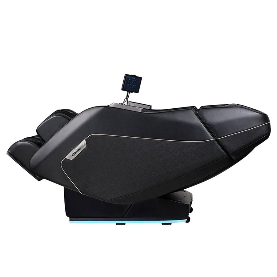 The Daiwa Pegasus Hybrid Massage Chair by Daiwa, shown in black and reclined from a side view against a white background, features a built-in control panel and 3D massage rollers for full-body relaxation.
