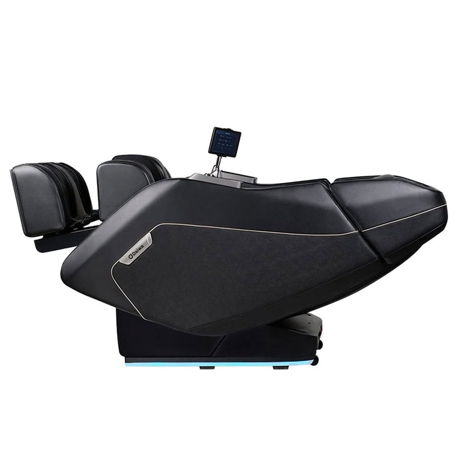 The Daiwa Pegasus Hybrid Massage Chair by Daiwa features a modern black design, reclining function, padded leg and back sections, advanced 3D massage rollers, and a compact control screen for full-body relaxation.
