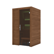 The LuxeWell Life Harvia Utu is a modern, heat-treated Nordic spruce indoor sauna for 1 person, featuring a glass door, bench seating, and green lighting—perfect as an indoor sauna kit.