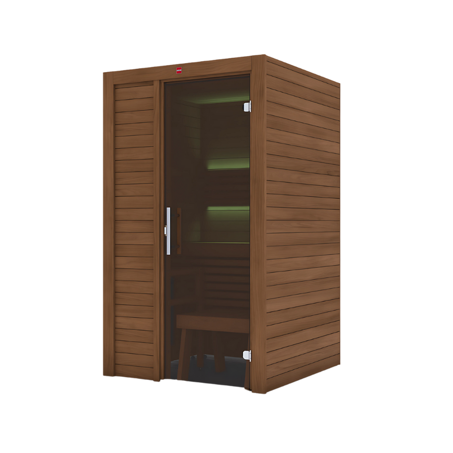 The LuxeWell Life Harvia Utu is a modern, heat-treated Nordic spruce indoor sauna for 1 person, featuring a glass door, bench seating, and green lighting—perfect as an indoor sauna kit.
