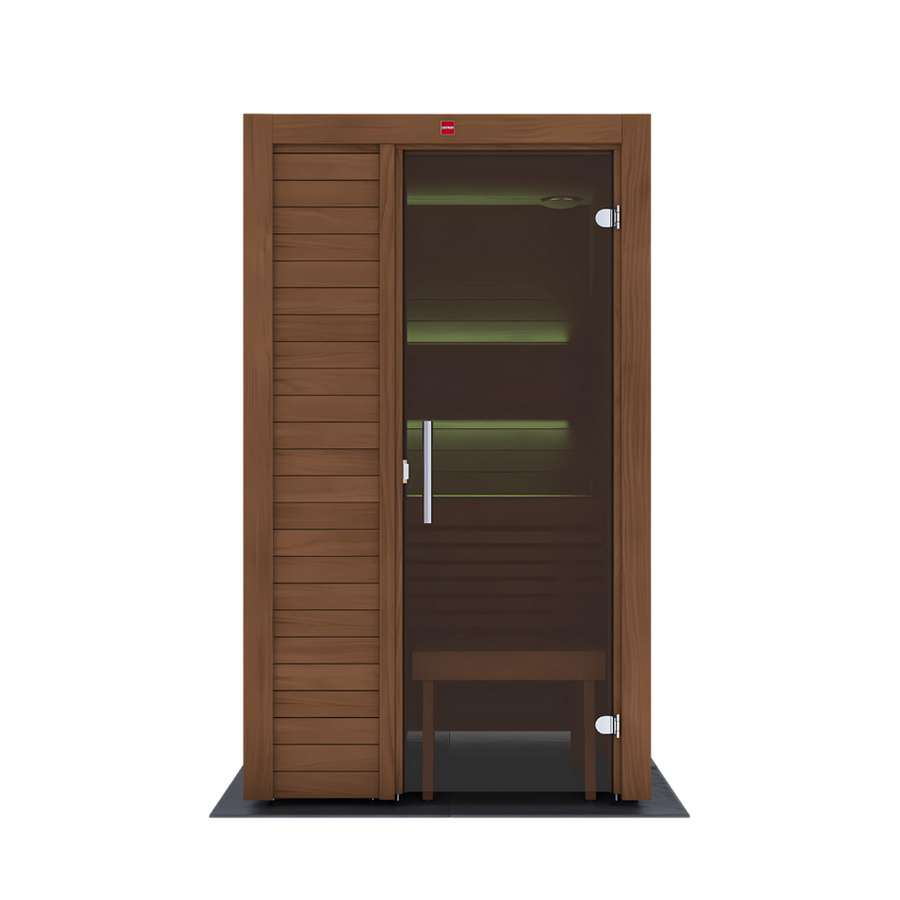 The LuxeWell Life Harvia Utu is a heat-treated, 1-person indoor sauna made from Nordic spruce, with a glass door, wood bench, and illuminated shelves, viewed from the front on a plain white background.
