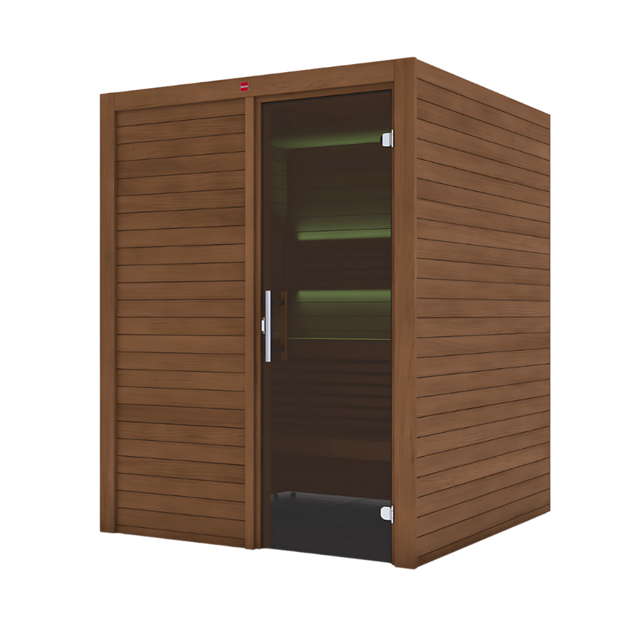 A modern LuxeWell Life Harvia Utu indoor sauna for 1 person, made of heat-treated Nordic spruce with horizontal paneling, glass door, and visible interior seating, set against a plain white background.