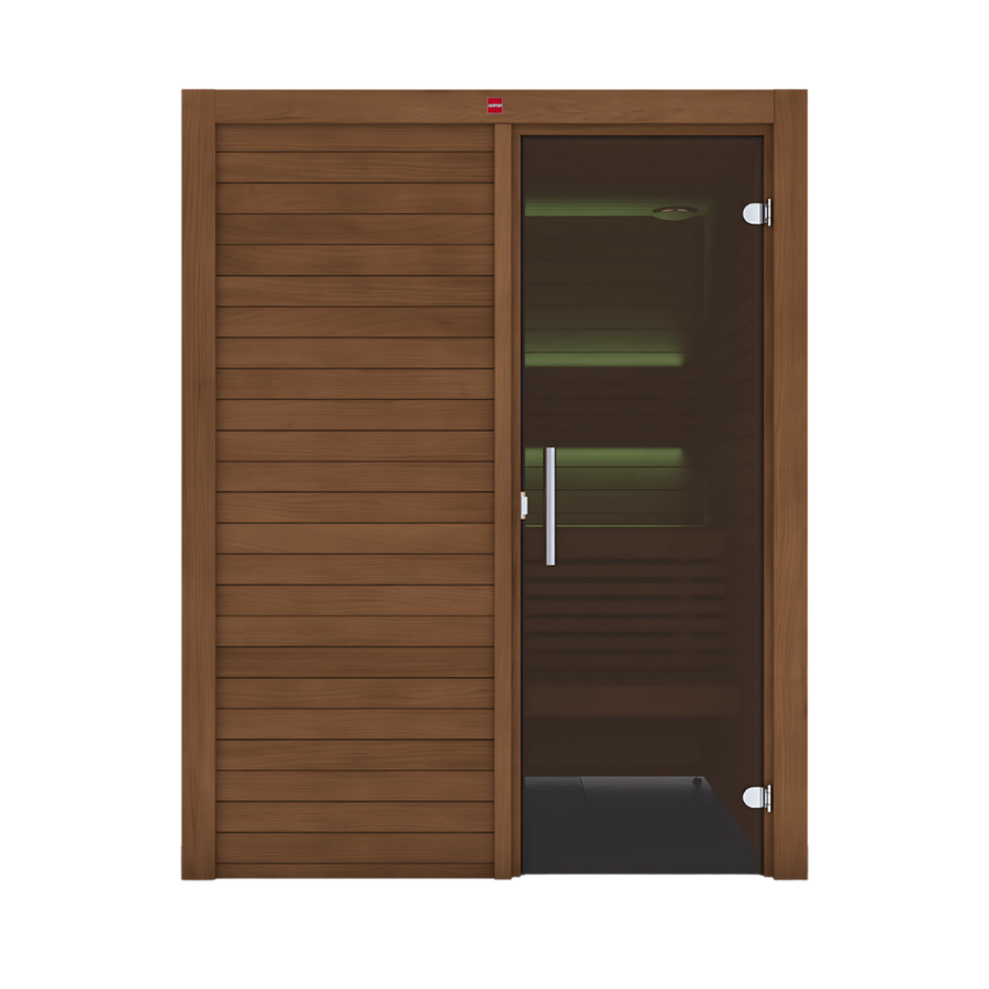 Experience relaxation in style with the Harvia Utu by LuxeWell Life—a heat-treated, 1-person indoor sauna crafted from Nordic spruce, featuring vertical panels, a glass door with metal handle, and soothing green accent lighting.