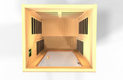 Dynamic Avila 1-2-person Low EMF FAR Infrared Sauna with clear tempered glass door and window, made from Canadian Hemlock wood.