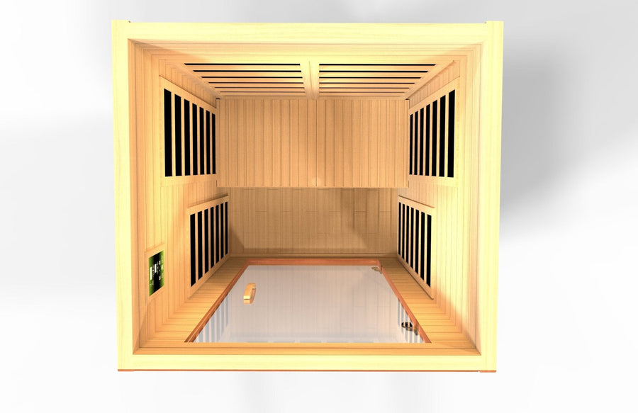 Dynamic Avila 1-2-person Low EMF FAR Infrared Sauna with clear tempered glass door and window, made from Canadian Hemlock wood.