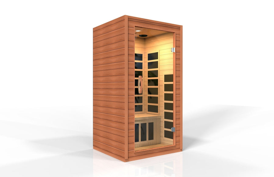 Dynamic Avila 1-2-person Low EMF FAR Infrared Sauna made from Canadian Hemlock with glass door and window, ideal for indoor wellness use.