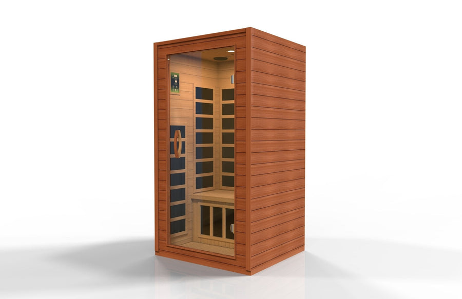 Dynamic Avila 1-2-person Low EMF FAR Infrared Sauna made from Canadian Hemlock with glass door and side window, ideal for indoor wellness.