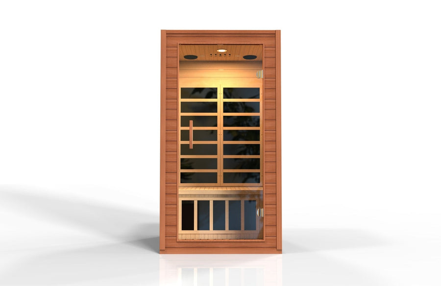 Dynamic Avila 1-2-person Low EMF FAR Infrared Sauna featuring Canadian Hemlock wood and glass doors, designed for indoor relaxation and rejuvenation.