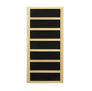 Dynamic Avila 1-2-person Low EMF FAR Infrared Sauna made of Canadian Hemlock wood with black frame and wooden bars, featuring interior chromotherapy and LED control panels.