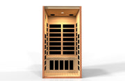 Dynamic Avila 1-2-person Low EMF FAR Infrared Sauna made of Canadian Hemlock wood with black-tinted windows and glass door.