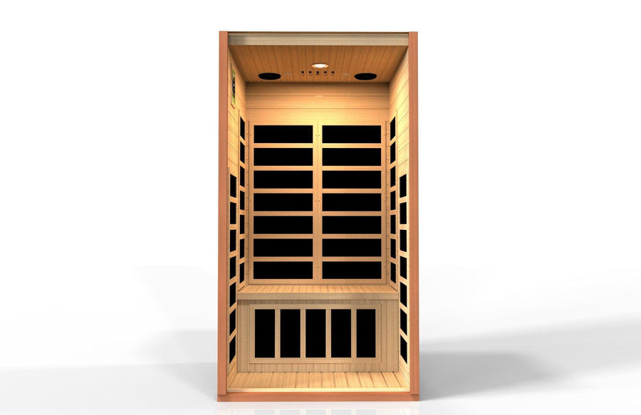 Dynamic Avila 1-2-person Low EMF FAR Infrared Sauna made of Canadian Hemlock wood with black-tinted windows and glass door.