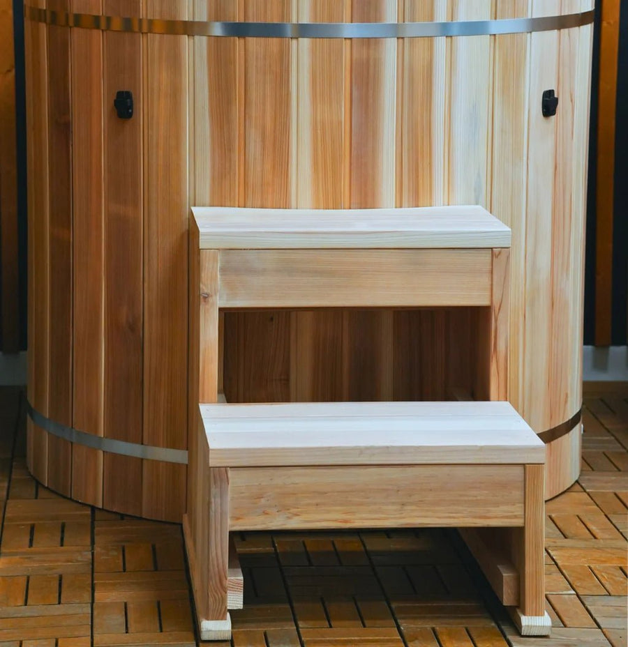 Dynamic Cold Therapy Barrel 304 Stainless Steel Cold Plunge tub with premium Pacific Cedar exterior and safety step.