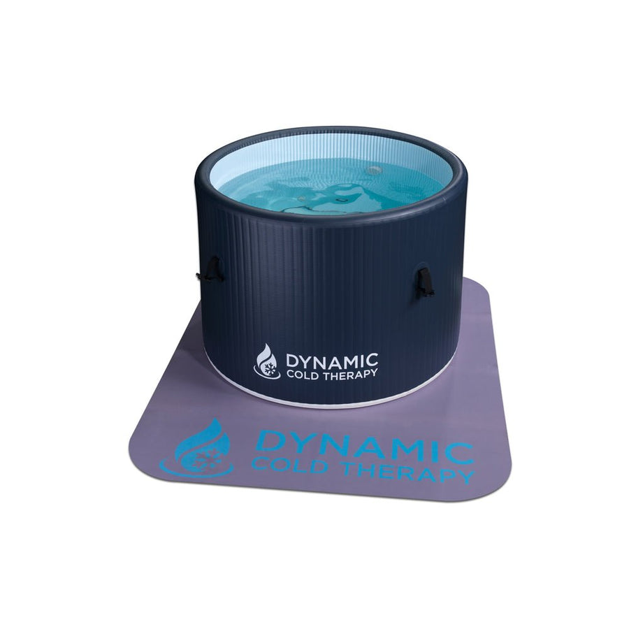 Dynamic Cold Therapy Inflatable Round Cold Plunge Tub with water, anti-slip mat, and white snowflake logo, designed for muscle recovery and inflammation reduction.