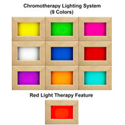 A grid of nine frames shows chromotherapy lights and a separate frame displays red light therapy in the Dynamic Venice Elite 2 Person Ultra Low EMF FAR Infrared sauna by Golden Designs—ideal for a relaxing 2-person experience.