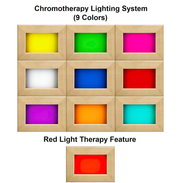A grid of nine frames shows chromotherapy lights and a separate frame displays red light therapy in the Dynamic Venice Elite 2 Person Ultra Low EMF FAR Infrared sauna by Golden Designs—ideal for a relaxing 2-person experience.